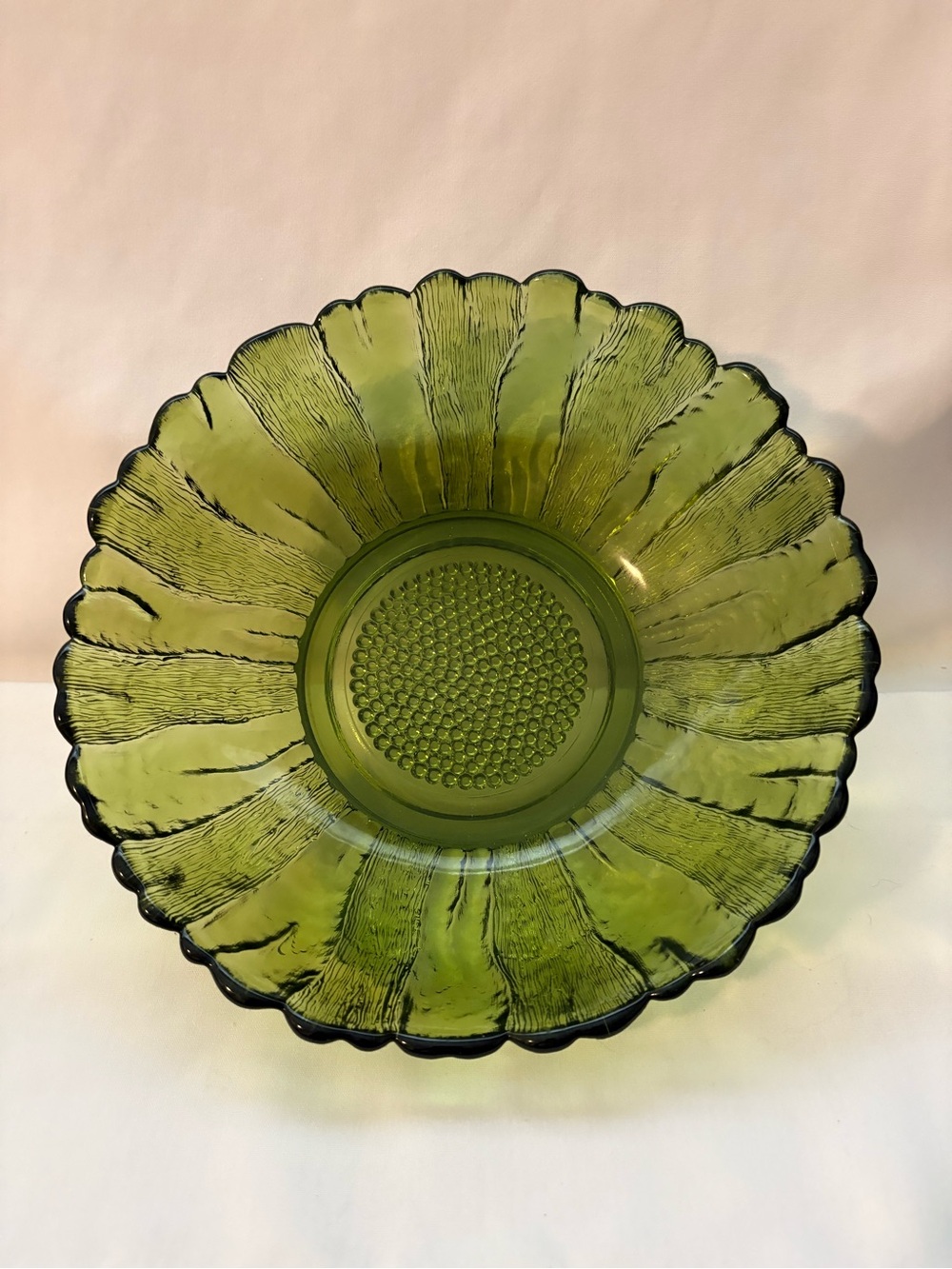 Anchor Hocking avocado green large sunflower serving bowl.